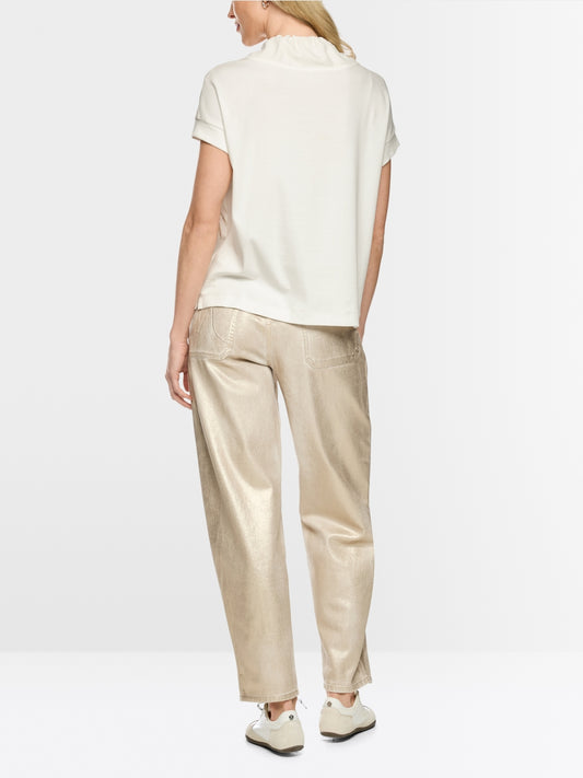 Marc Cain Sports Off-White Short Sleeve Top with Lurex and Gold Print