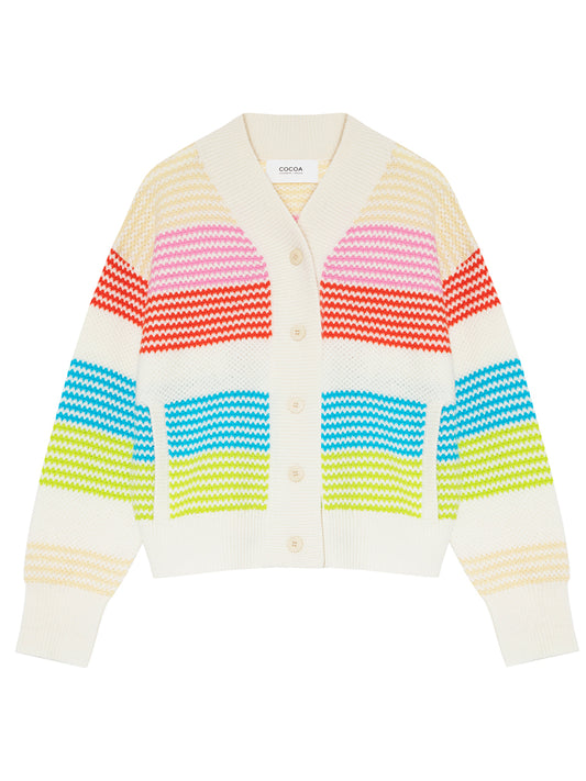 Cocoa Cashmere Multicolour Stripe Cashmere-Cotton V neck Cardigan with Pockets CC5818A