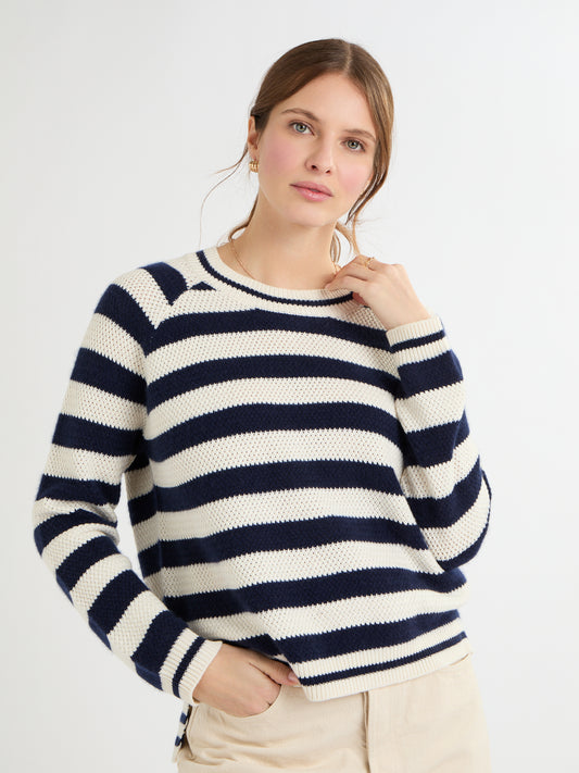 Cocoa Cashmere Navy & Cream Stripe Sweater with Crew Neck, Long Sleeve, Longer Back Hem CC5907A