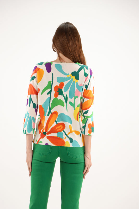 Estheme Floral Print Cotton Cashmere Sweater– V-Neck Fine Knit, 3/4 Sleeve CKE6223D