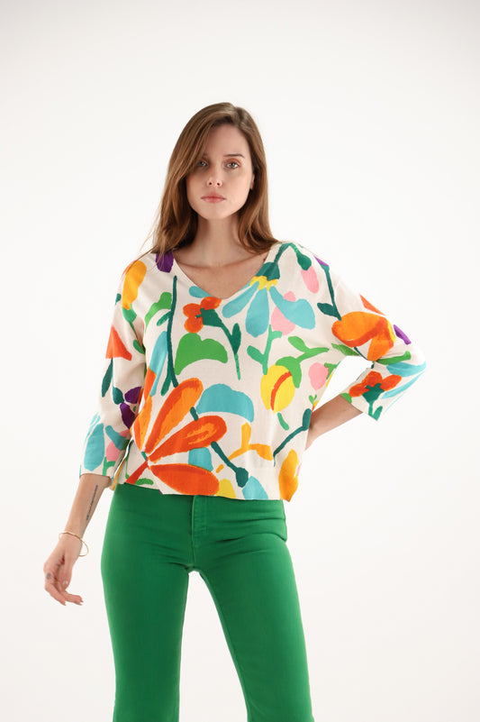 Estheme Floral Print Cotton Cashmere Sweater– V-Neck Fine Knit, 3/4 Sleeve CKE6223D