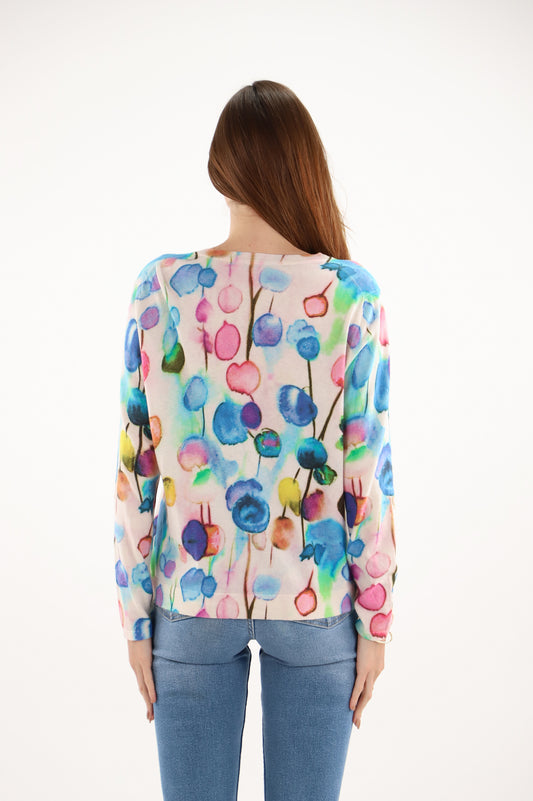 Estheme Cream & Multi Print V-Neck Sweater – Long Sleeve Loose-Fit Cotton-Cashmere Knit CKE6225D