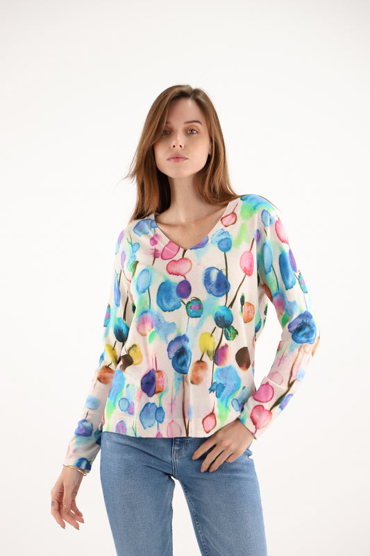 Estheme Cream & Multi Print V-Neck Sweater – Long Sleeve Loose-Fit Cotton-Cashmere Knit CKE6225D