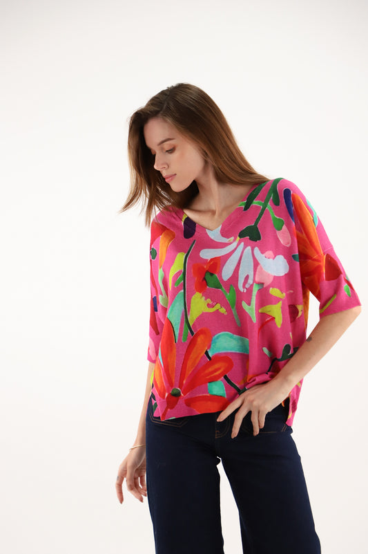 Estheme Multicoloured V-Neck Sweater – Short Sleeve Lightweight Linen-Cotton Knit CKE6252E