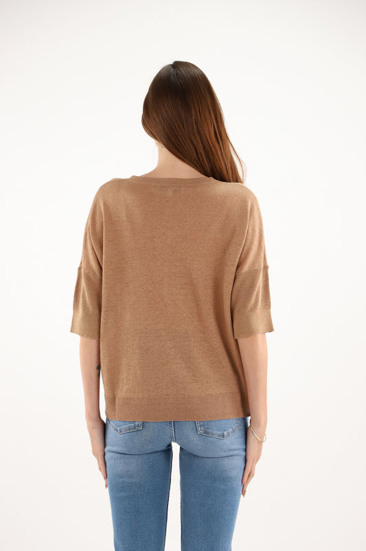 Estheme Caramel Linen Sweater– V-Neck Fine Knit, Short Sleeve with Beaded Palm Detail CKE6264E