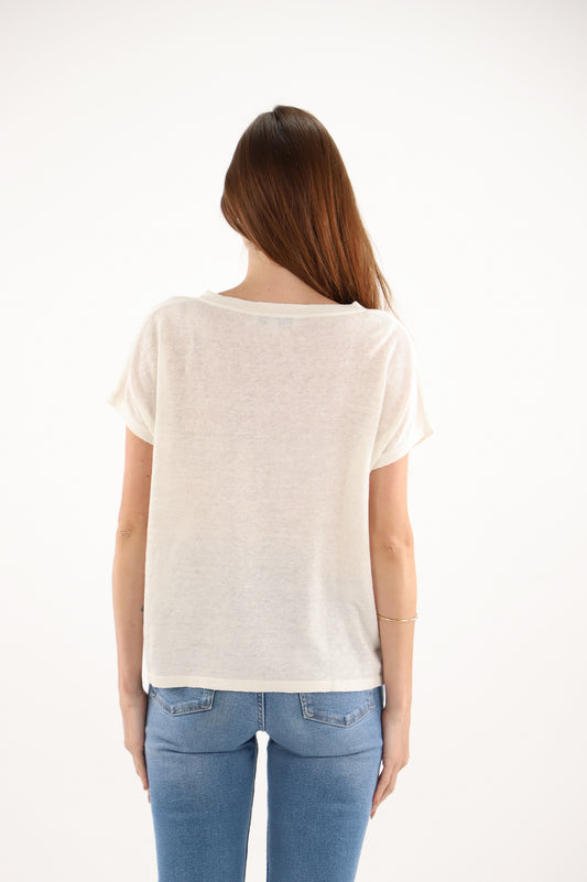 Estheme Chalk Linen Sweater– V-Neck Fine Knit, Short Sleeve with Embroidered Palm Motif CKE6266E