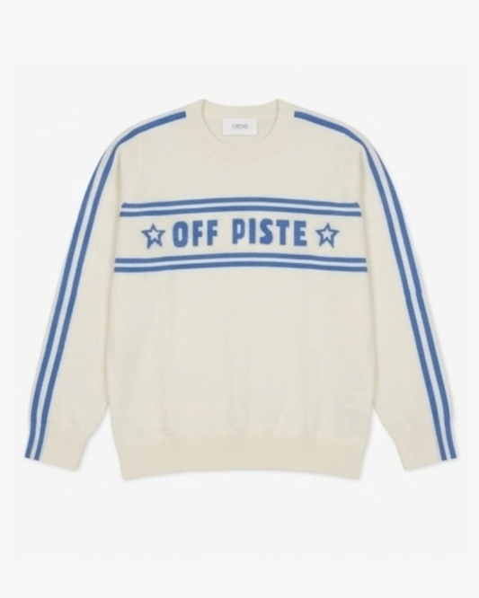 Cocoa Cashmere Off-White Cashmere Sweater ‘Off Piste’ Slogan & Blue Stripe Sleeves
