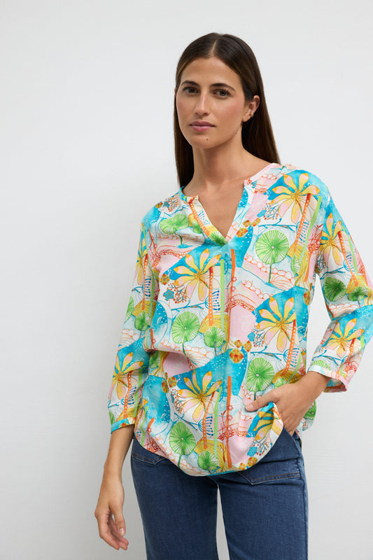 Tinta & Bariloche Bright Turquoise Print V-Neck Long Sleeve Tunic CRIS