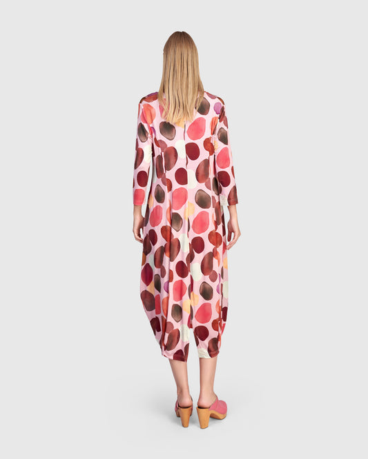 Alembika Pink Large Spot Print Loose Fit Midi Dress with V‑Neck, 3/4 Sleeves and Side Pockets RD341M