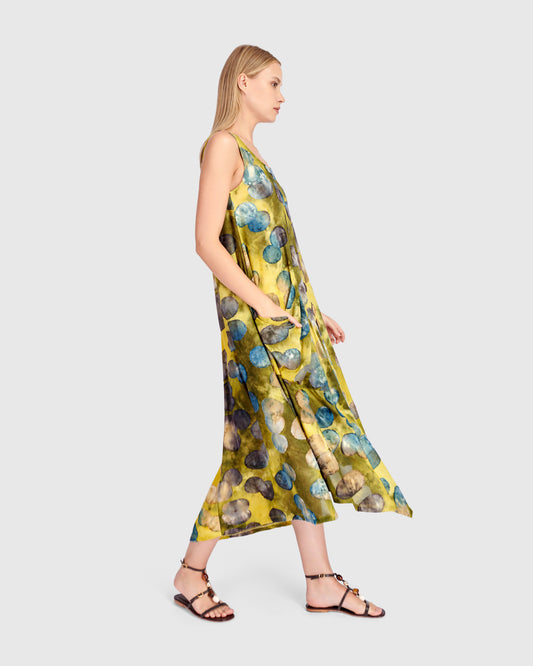 Alembika Green Circle Print Sleeveless Maxi Dress Wide Silhouette SD9170