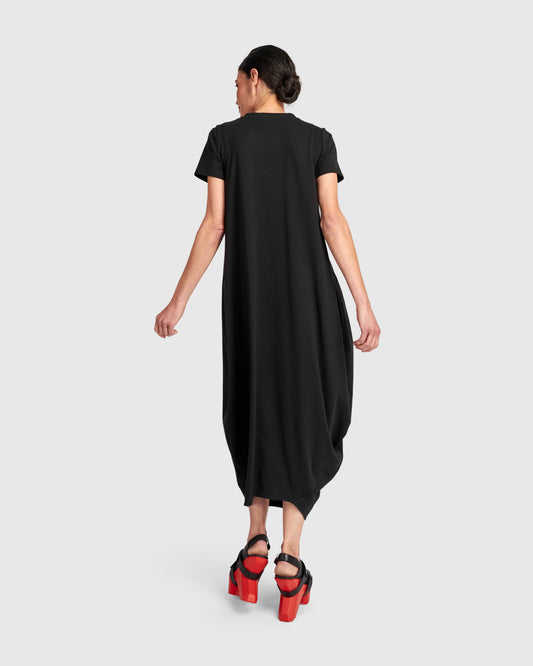 Black Cotton Maxi Bubble Dress with Round Neck and Short Sleeves UD130B