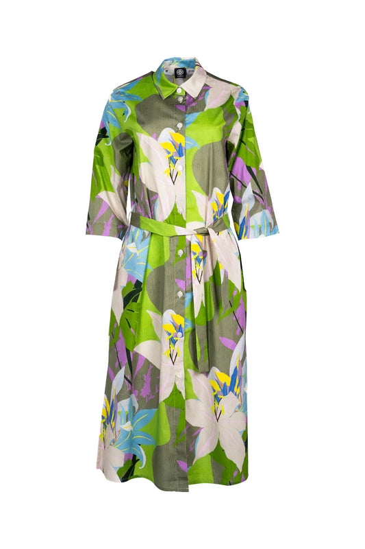 Faber Colourful Exotic Floral Shirt Dress – 3/4 Sleeve Tie-Belt Cotton Dress 65703