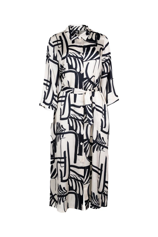 Faber Black & Ivory Graphic Art Print Shirt Dress – 3/4 Sleeve Viscose Tie-Belt Dress 65702