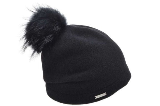 Seeberger Black Boiled Wool Headsock with Real Fur Pompom 035205