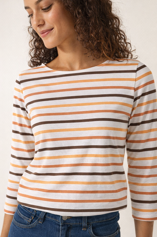 Saint James Orange Striped 3/4 Sleeve Crew neck T-Shirt