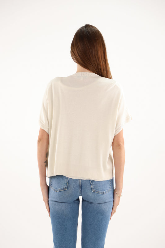 Estheme Cream Silk Open Cardigan – V-Neck, Short Sleeve Lightweight Knit F2629S