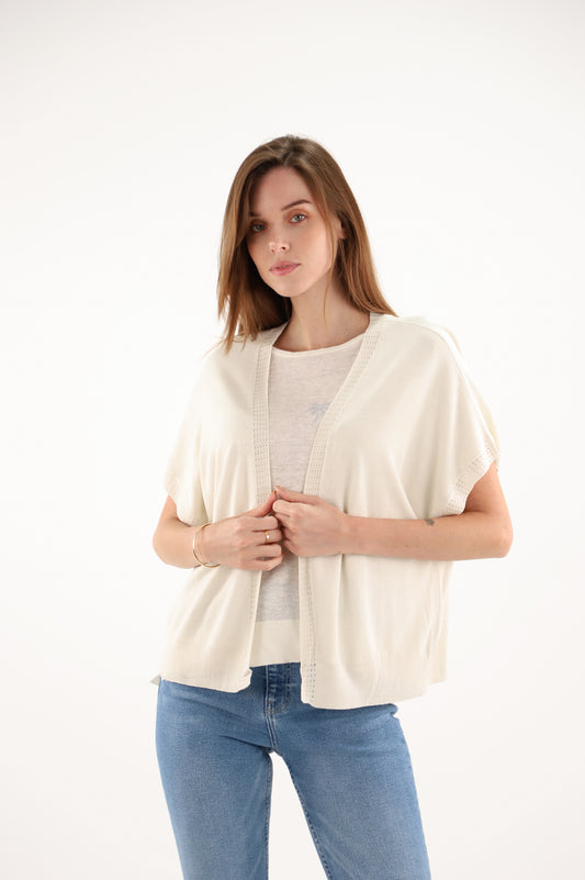 Estheme Cream Silk Open Cardigan – V-Neck, Short Sleeve Lightweight Knit F2629S