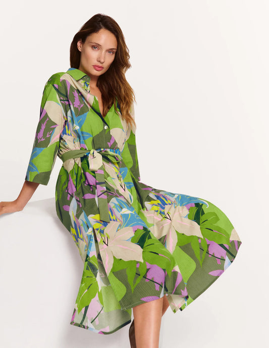Faber Colourful Exotic Floral Shirt Dress – 3/4 Sleeve Tie-Belt Cotton Dress 65703