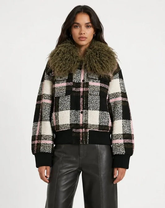 Essentiel Antwerp Black Off-White and Pink Checked Bomber Jacket with Detachable Faux Fur Collar