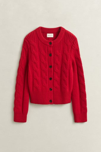 Gant Ruby Red Wool Blend Cable Knit Cardigan