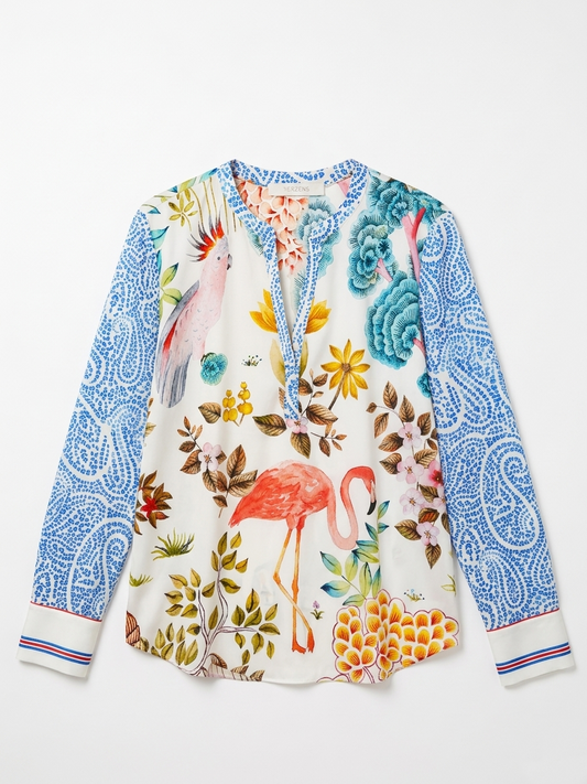 Herzens Silk Parrot & Flamingo Print Blouse – V-Neck Top with Long Button Cuff Sleeves | Multi-Colour 6069