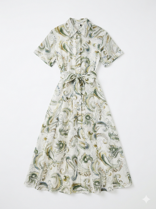 Marella White Patterned Shirt Dress – Cotton Blend Belted Summer Dress with Collar MLLGALLI