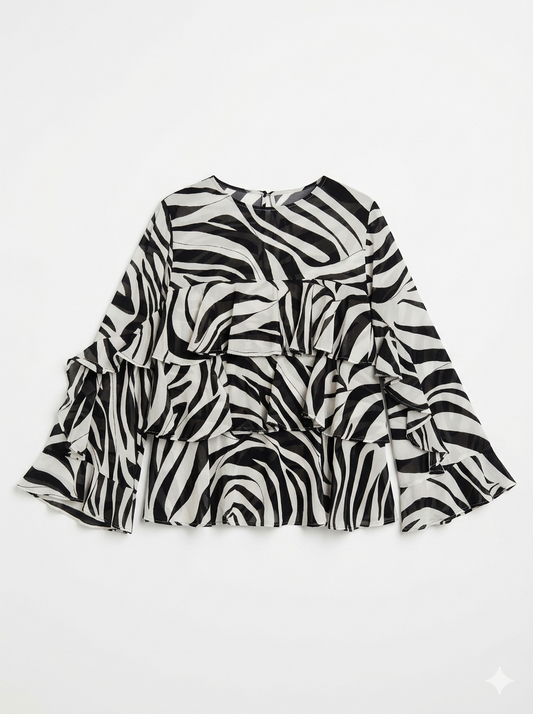 Marella Animal Print Layered Top – Black & Beige 3/4 Sleeve Blouse with Tie Back MLSFALCO