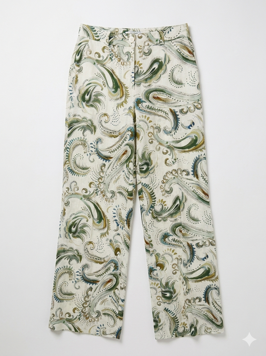 Marella Wide Leg Linen White with Pattern Print Trousers MLLDOMINO
