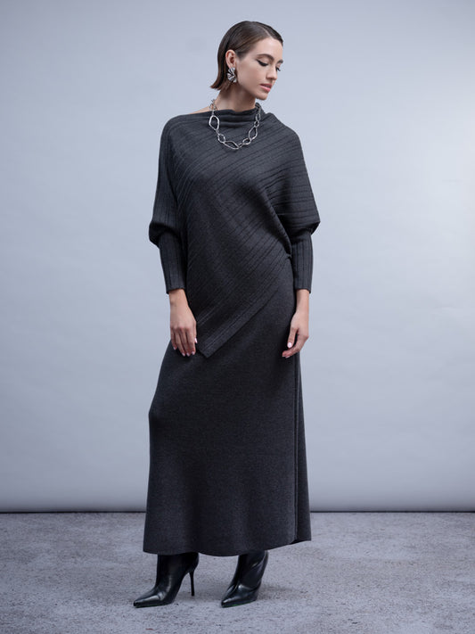 Haako Charcoal Grey Off-Shoulder Rib Knit Top with Asymmetric Hem
