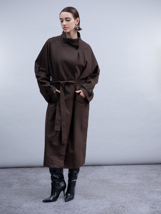 Haako Brown Faux Suede Belted Coat with High Neck Collar & Pockets