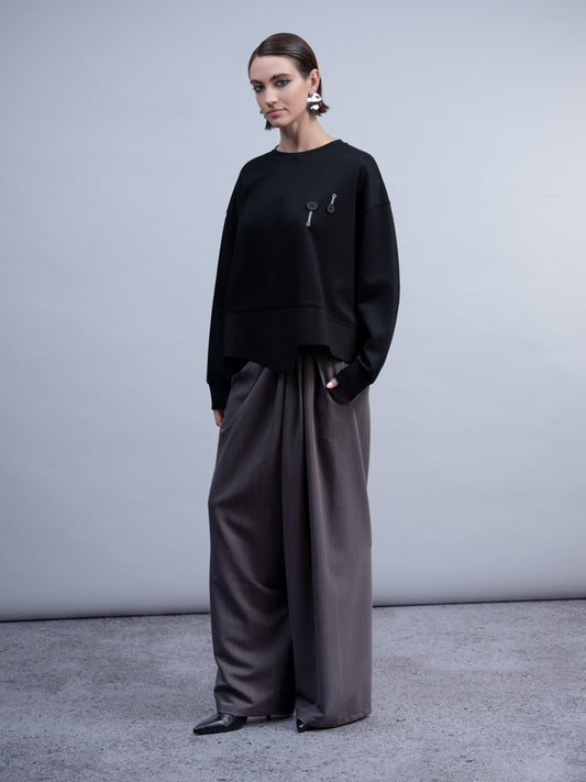 Haako Black Asymmetric Hem Sweatshirt Relaxed Fit with Button Detail