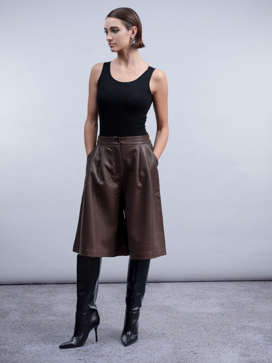 Haako Brown Faux Leather Wide Leg Longline Shorts