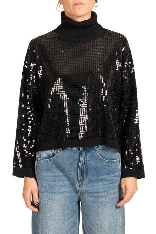 Diana Gallesi Black Sequin Polo Neck Sweater