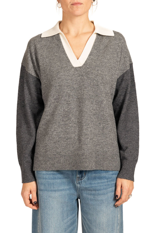 Diana Gallesi 2-Tone Grey Wool Blend Polo Neck Sweater