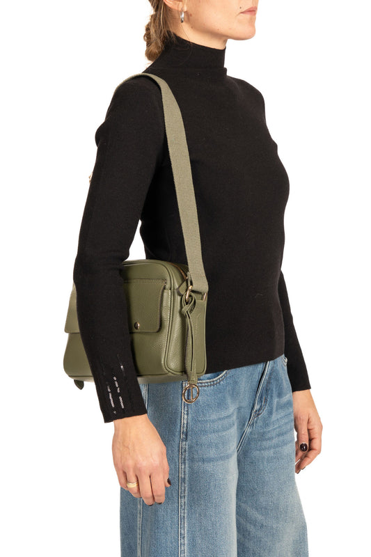 Diana Gallesi Military Green Leather Shoulder Bag with Adjustable Strap