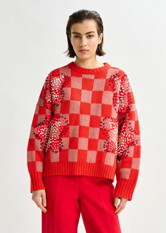 Essentiel Antwerp Red Checkerboard Floral Jacquard Knit Sweater Inter