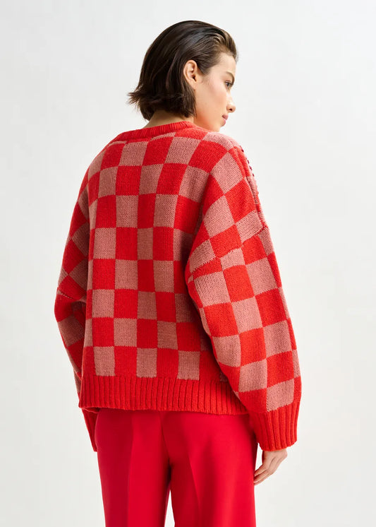 Essentiel Antwerp Red Checkerboard Floral Jacquard Knit Sweater Inter