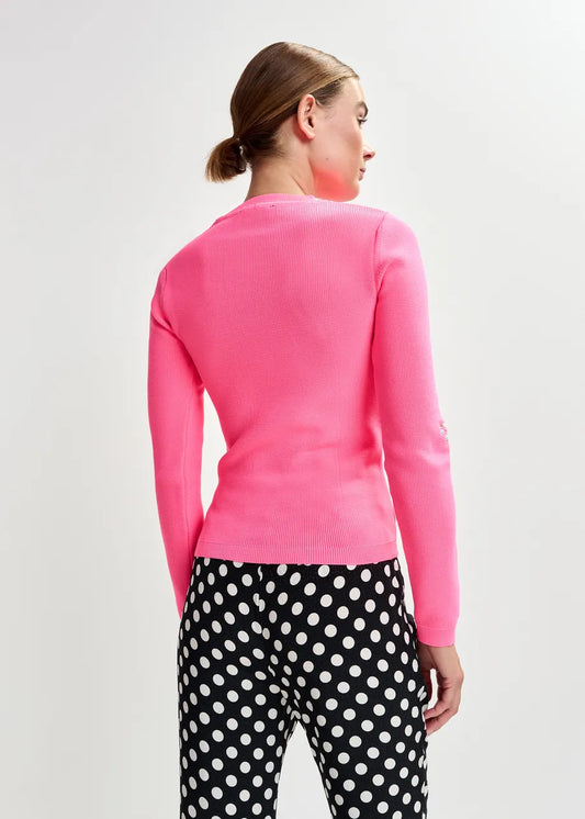 Essentiel Antwerp Bright Pink Knitted Sweater with Floral Embroideries
