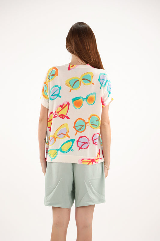 Estheme Sunglasses Print Cotton-Cashmere Sweater – V-Neck Fine Knit, Short Sleeve JF6S008D