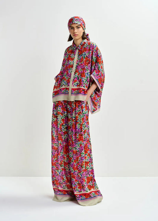 Essentiel Antwerp Multicolour Silk-Blend Floral Print Wide-Leg Trousers