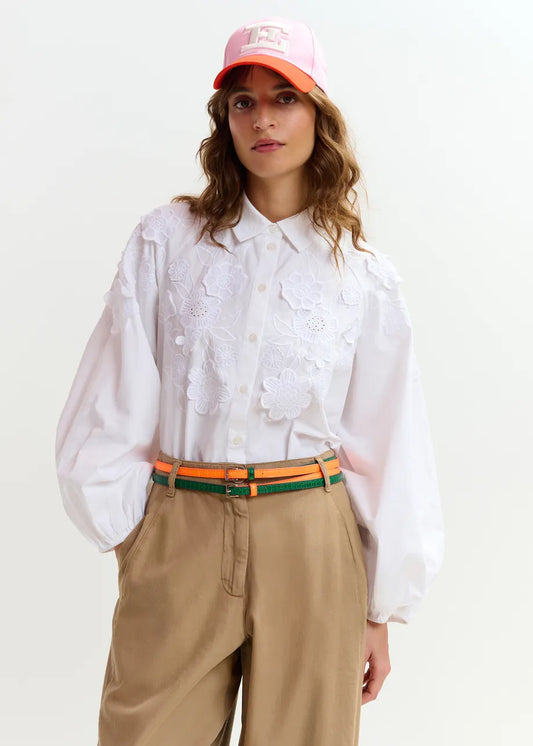 Essentiel Antwerp White Cotton Shirt with Appliqué Flowers