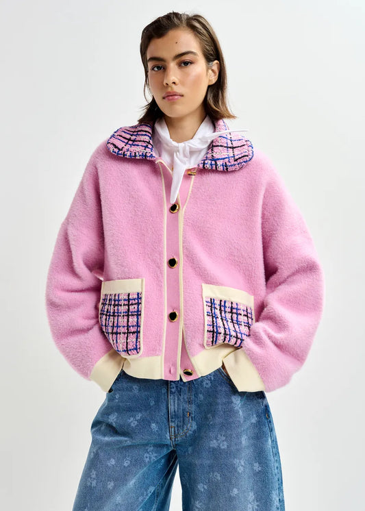 Essentiel Antwerp Pink & Off-White Textured Cardigan with Contrast Blue & Black Tweed Collar and Patch Pockets JOILU