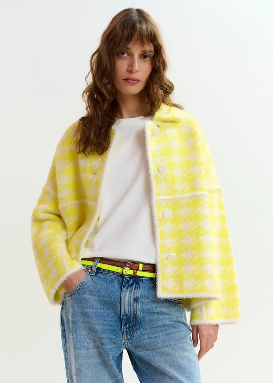 Essentiel Antwerp Yellow and Off-White Houndstooth Knit Cardigan JOKING