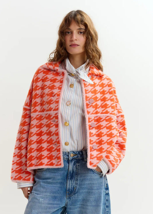 Essentiel Antwerp Orange and Dusty Pink Houndstooth Knit Cardigan JOKING
