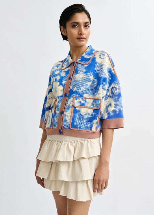 Essentiel Antwerp Blue and Off-White Floral-Print Knit Cardigan JOLY