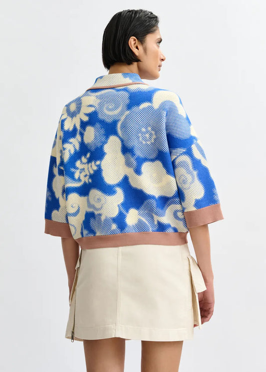 Essentiel Antwerp Blue and Off-White Floral-Print Knit Cardigan JOLY