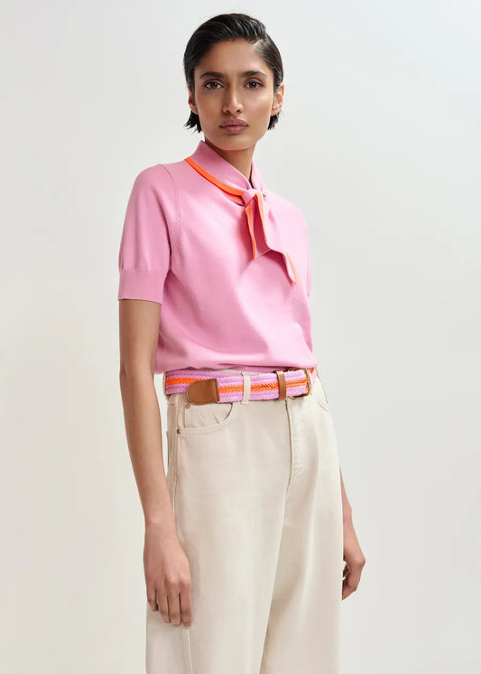 Essentiel Antwerp Candy Pink Fine-Knit Polo with Orange Scarf-like Contrast Collar JONDA