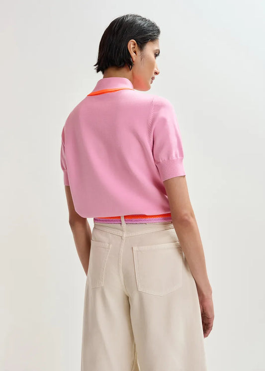 Essentiel Antwerp Candy Pink Fine-Knit Polo with Orange Scarf-like Contrast Collar JONDA