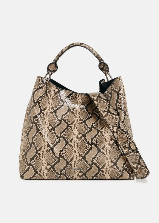 Essentiel Antwerp Brown and Black Snake Glossy Print Shopper Bag