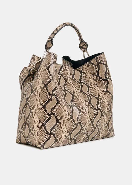 Essentiel Antwerp Brown and Black Snake Glossy Print Shopper Bag